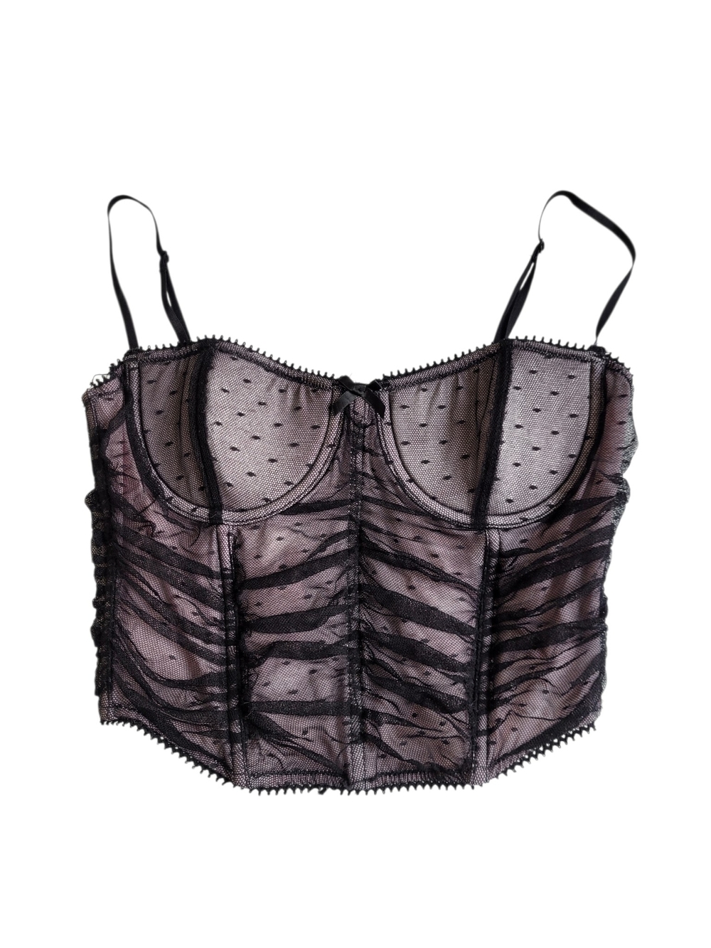 Sheer Ruched Black Mesh And Pink Bustier Top Small